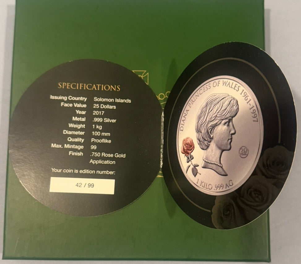 DIANA PRINCESS OF WALES 20th Anniversary 1 Kilo Silver Coin 25$ Solomon Islands Only 99 Ever Struck Extremely Rare & Hard To Find