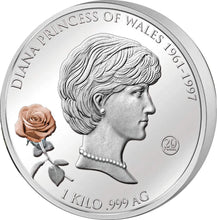 Load image into Gallery viewer, DIANA PRINCESS OF WALES 20th Anniversary 1 Kilo Silver Coin 25$ Solomon Islands Only 99 Ever Struck Extremely Rare & Hard To Find