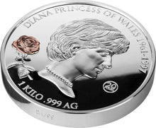 Load image into Gallery viewer, DIANA PRINCESS OF WALES 20th Anniversary 1 Kilo Silver Coin 25$ Solomon Islands Only 99 Ever Struck Extremely Rare & Hard To Find